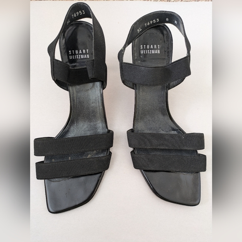 Stuart Weitzman Black Leather Classic Open Toed Heel Strappy Shoes Women's 8